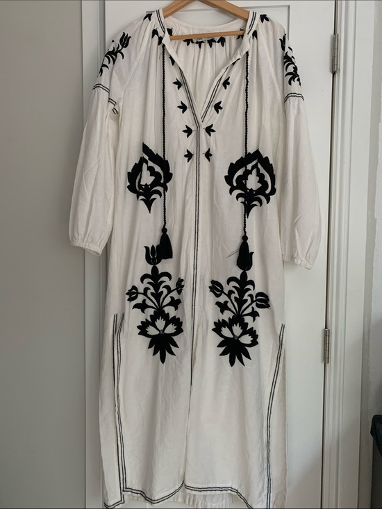 Zara Dresses & Skirts - Zara White Maxi Dress with Black Embroidered Motifs